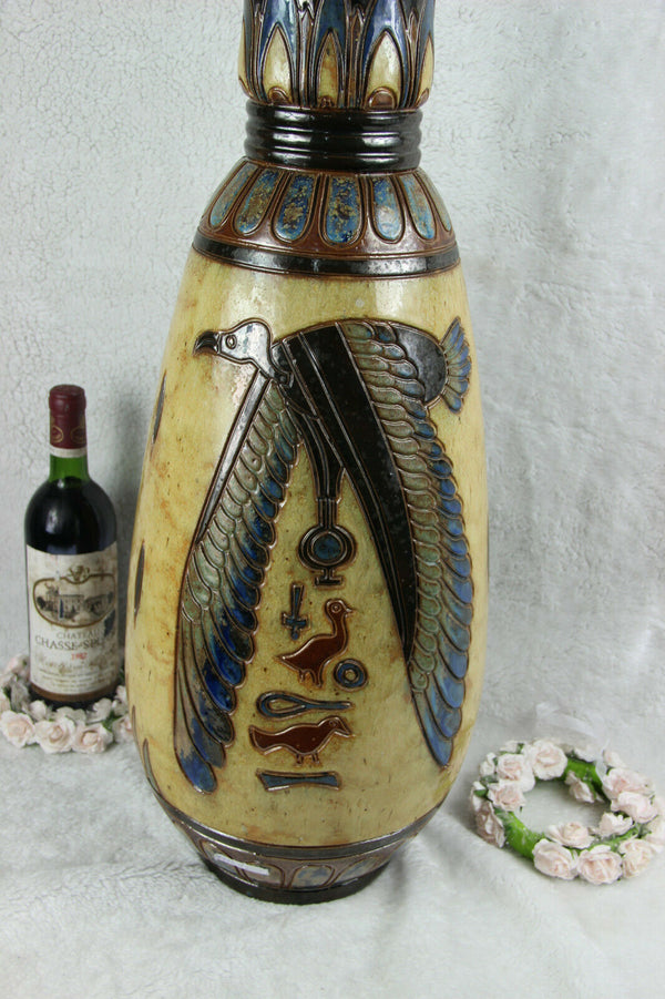 XL ART DECO Belgian CERAMIC Vase Signed DUBOIS Egypt god bird theme
