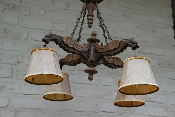 Antique French Gothic Castle 4 Dragon chimaera Chandelier wood carved 19thc