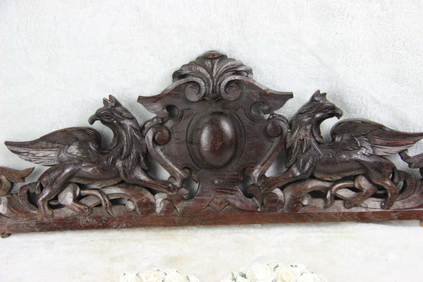 Antique large French pediment fronton wood carved gothic phenix dragon birds