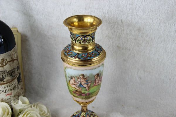 Rare French 19thc Enamel Cloisonne Onyx porcelain putti Vase top piece