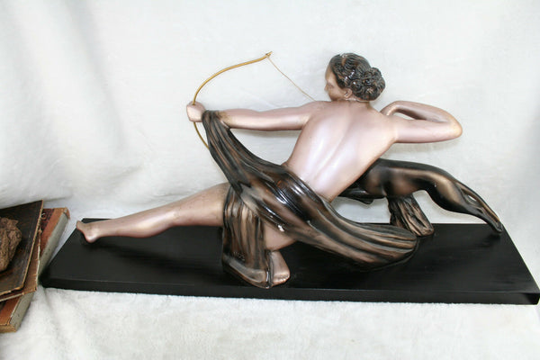 HUGE XL ART deco chalkware Hunting lady with whippet greyhound bow wood base