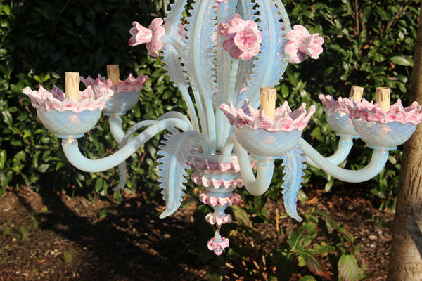 Pink Murano hand blown glass 6 arms Venetian Chandelier lamp mid century 1970