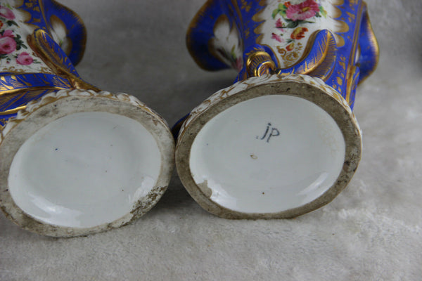 PAIR jacob petit marked Cornucopia horn Vases vieux paris porcelain hand paint
