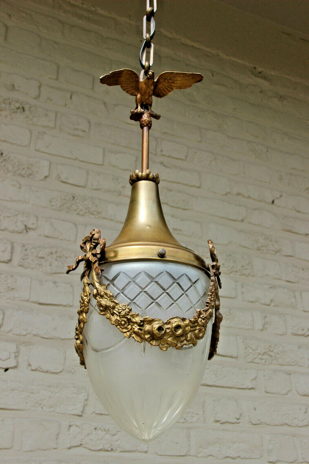 French Brass metal Eagle louis XVI Hall Lantern chandelier pendant crystal glass