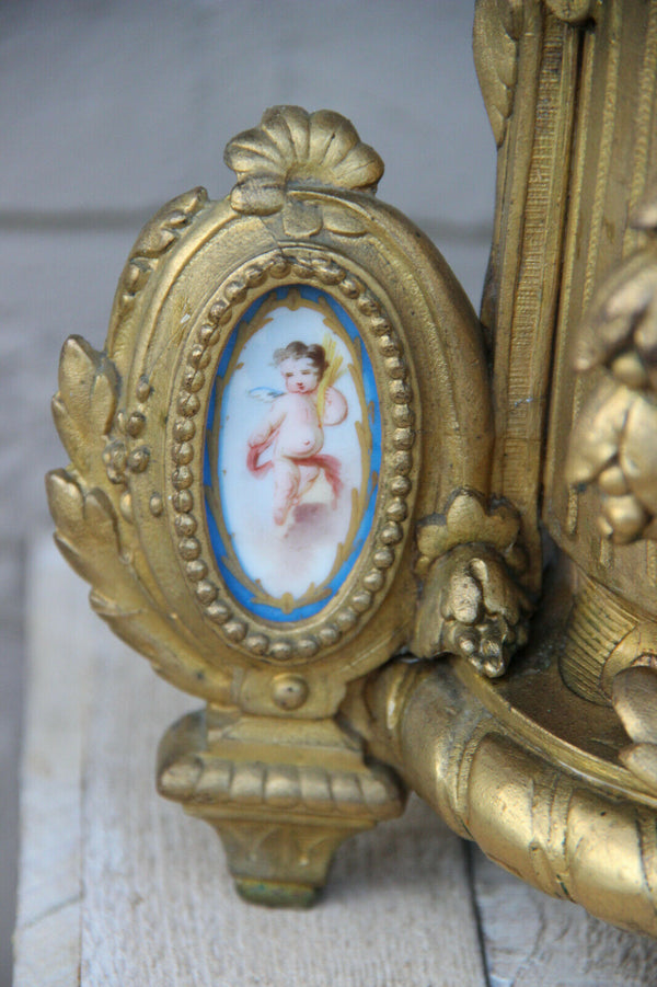 Antique french Spelter bronze porcelain sevres putti medaillon clock
