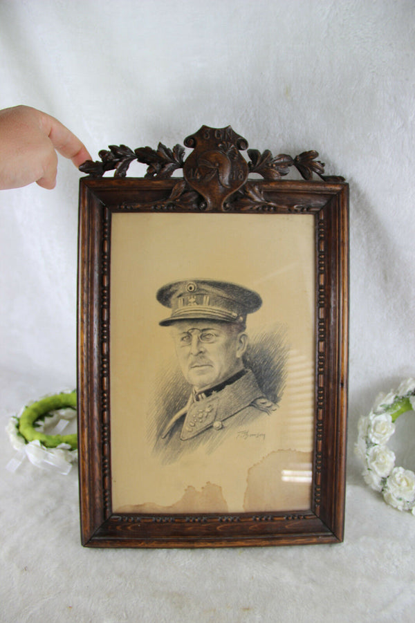 antique Portrait drawing Officer general army WW1 1914-1918 black forest wood