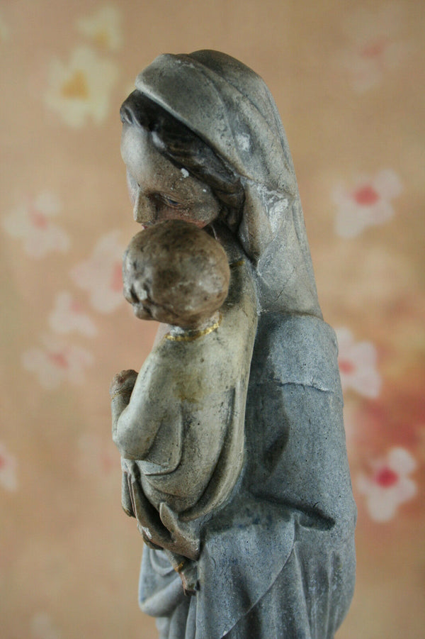 Antique French Holy Mary plaster statue pastel colors serenity 18.5