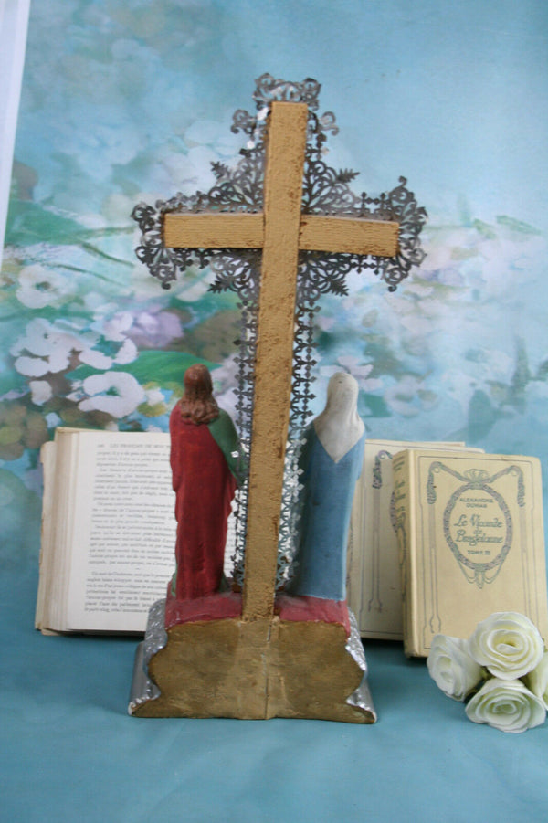 Antique  french Stoneware chalkware Crucifix calvary Mother mary magdalena