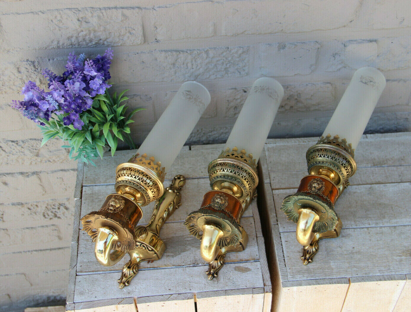 Set 3 French brass metal glass lion heads Wall lights sconces