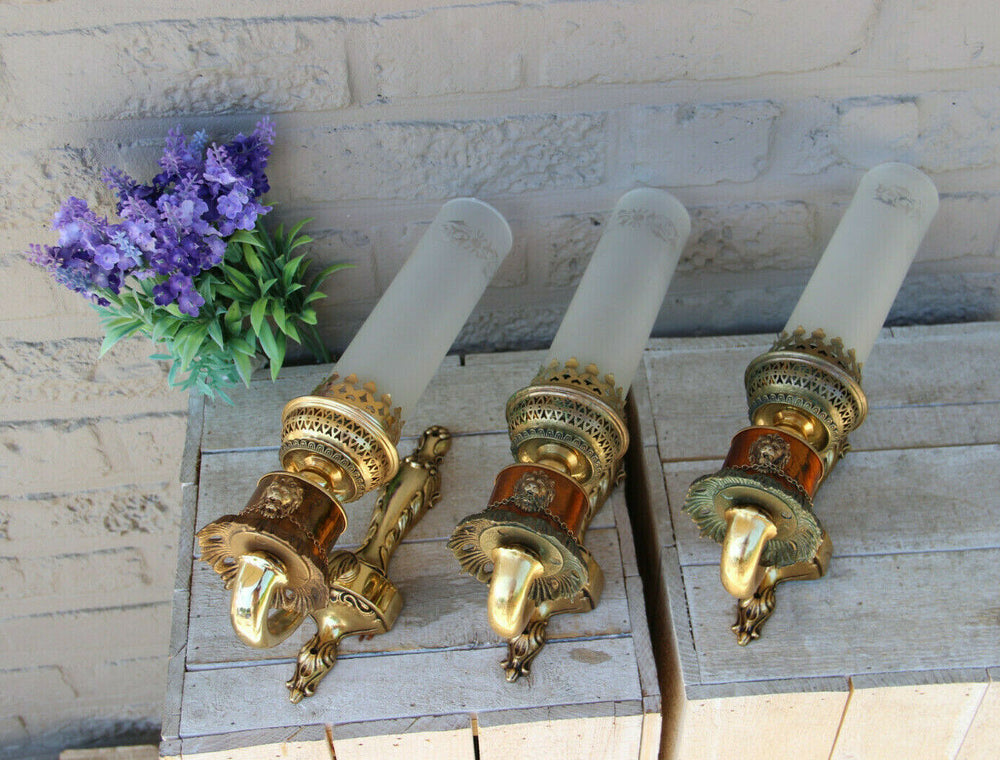Set 3 French brass metal glass lion heads Wall lights sconces