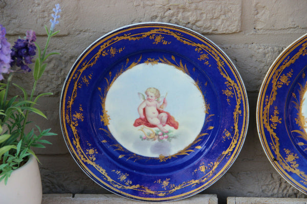 PAIR antique French porcelain Plates putti angel figurine sevres
