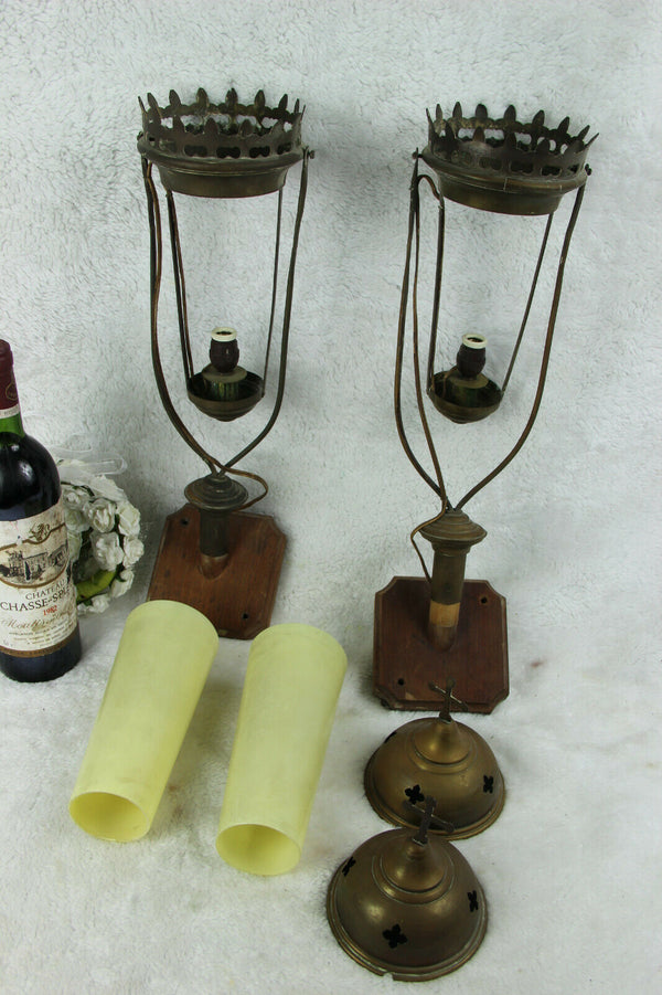 Antique French pair religious procession wall lights sconces glas wood metal