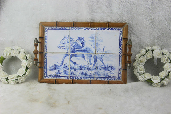 Antique Portugese Ceramic tiles serving tray plate hunting dog catching boar