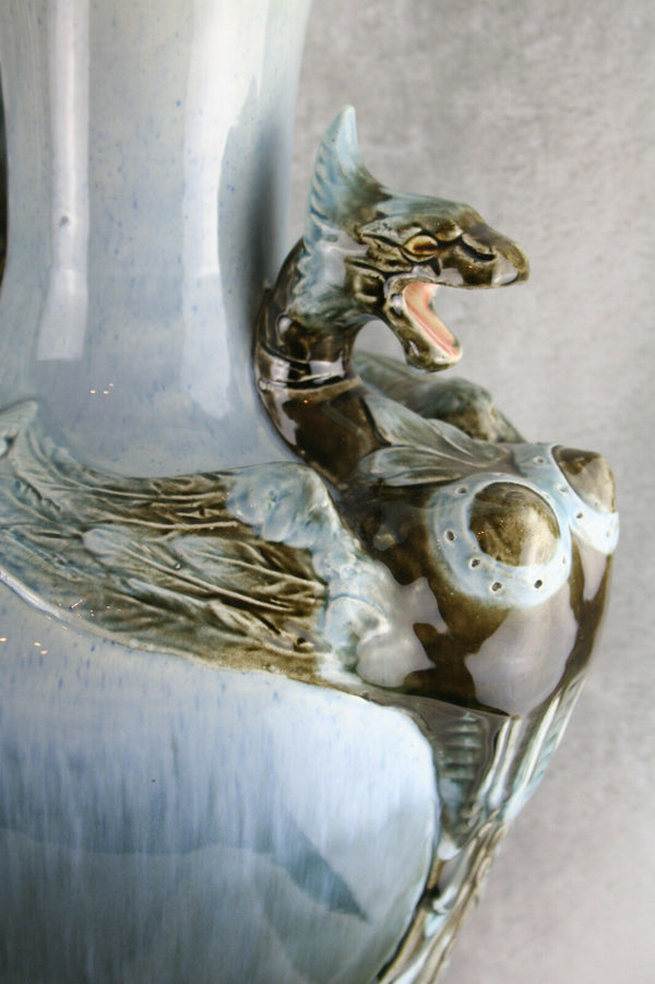 XL unusual PAIR French BARBOTINE majolica Art nouveau 1900 Dragon Vases marked