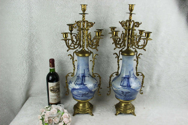 PAIR delft blue white faience Candelabras candle holder mill landscape