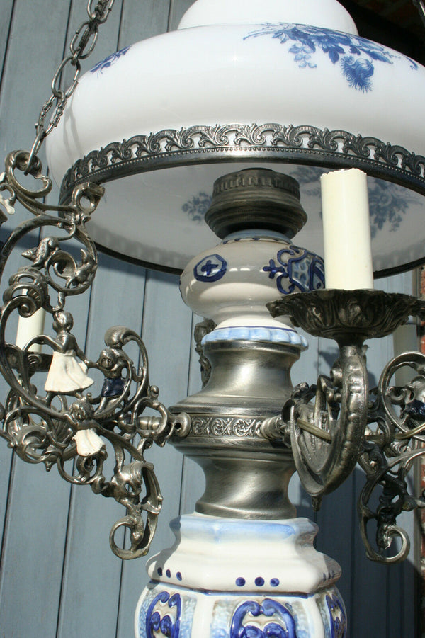 XL Dutch Delft blue white  pottery angels cherubs metal glass chandelier 3 arms