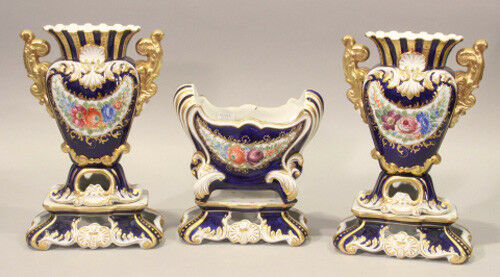 XL French Vases Centerpiece set in Sevres porcelain Floral decor marked 1950's