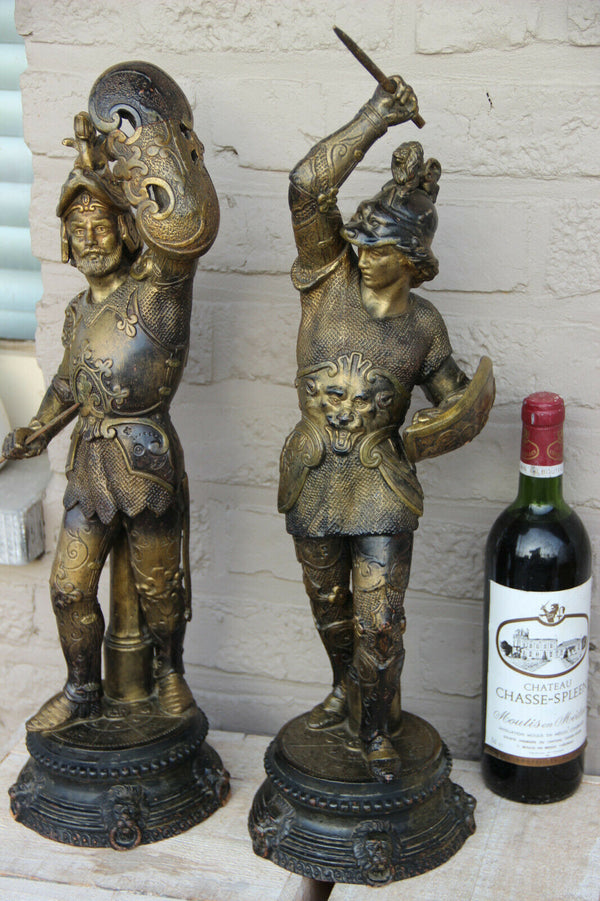 Antique PAIR French Terracotta Warrior knights lion heads statue figurines 1900