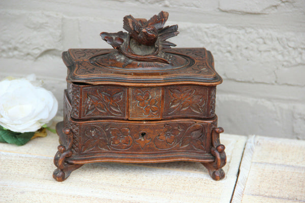Antique Swiss black forest wood carved jewelry trinket box bird velvet