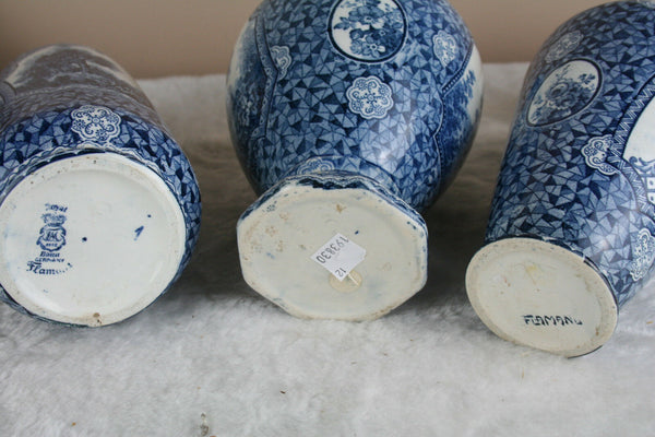 SET 3 Antique Royal bonn Blue white flamand decor nature theme Vases marked