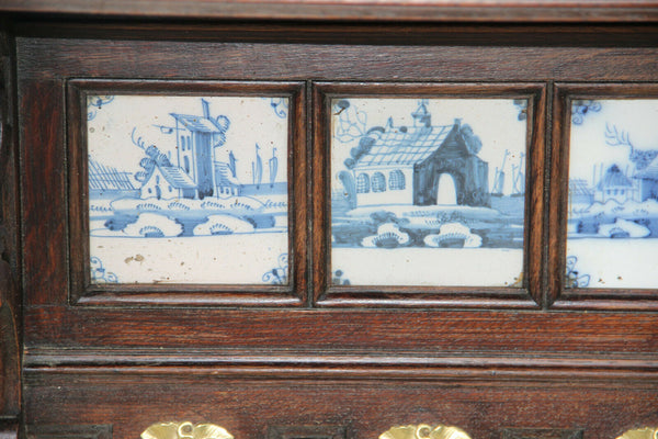 Huge Antique oak wood carved wall coat rack delft pottery tiles 1920s