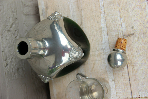 French pewter Etain de Paris marked Decanter carafe with 2 glasses lion heads