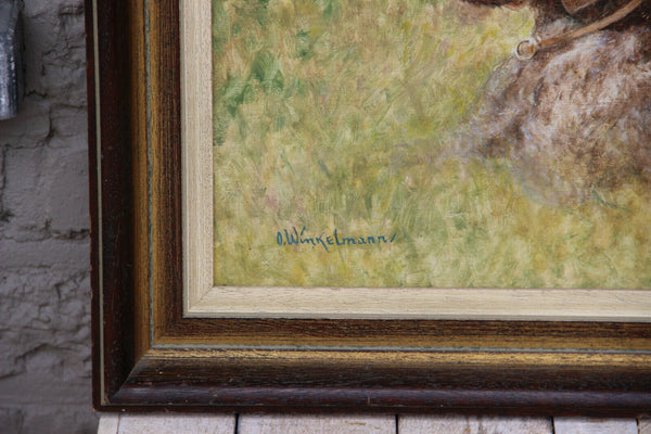Gorgeous German school oil panel hunting dog trophy rabbit signed