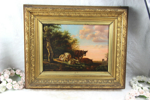 German school 1900s Oil panel painting cows in the field farm