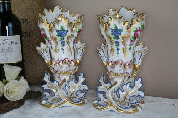 Antique 19thC PAIR vieux paris porcelain floral decor Vases style de Jacob petit