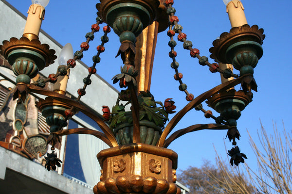 Unusual 1960 stunning Italian Wood / metal polychrome flowers chandelier