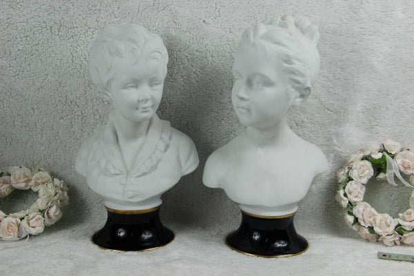 PAIR xl  french Tharaud Limoges d'après Houdon bisque porcelain buste boy girl