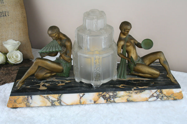 Rare Limousin signed ART Deco 1930 spelter bronze marble base lamp statue music