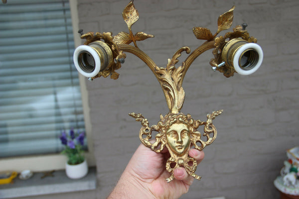 PAIR vintage French brass Caryatid Medusa portrait head wall lights sconces