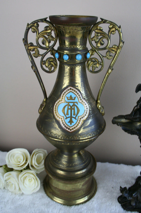 RARE antique religious Holy water font Vases set Putti Devil Dragons set church