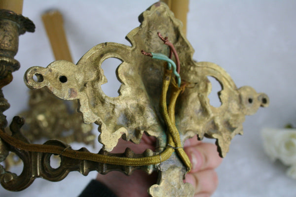 Pair French Bronze brass putti cherub angel heads wall sconces lights 1930