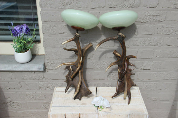PAIR vintage 1970 hunt cabin Deer antler Sconces wall lights opaline shades