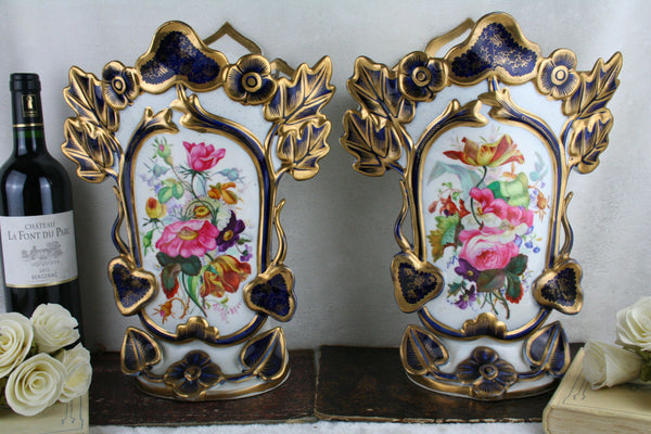 PAIR 19thC old Bayeux Paris porcelain floral hand paint decor French Vases