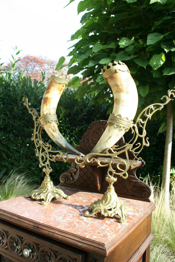XL Exclusive PAIR Art nouveau 1900 austrian/german Brass Cornucopia horn hunting