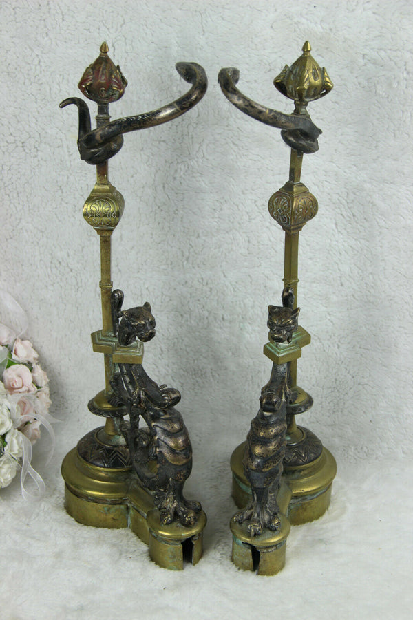 PAIR antique French bronze fireplace andirons Dragon gothic snake Figural