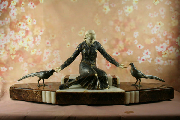 LARGE Heavy ART DECO group lady birds patinated metal / ivorine signed GORI