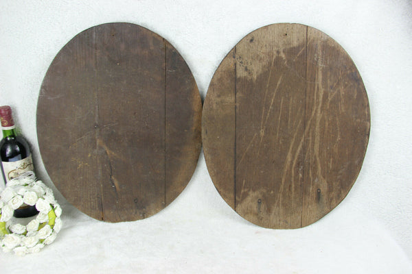 PAIR Antique black forest Wood carved oval plaques panel Dog fox hunting scene