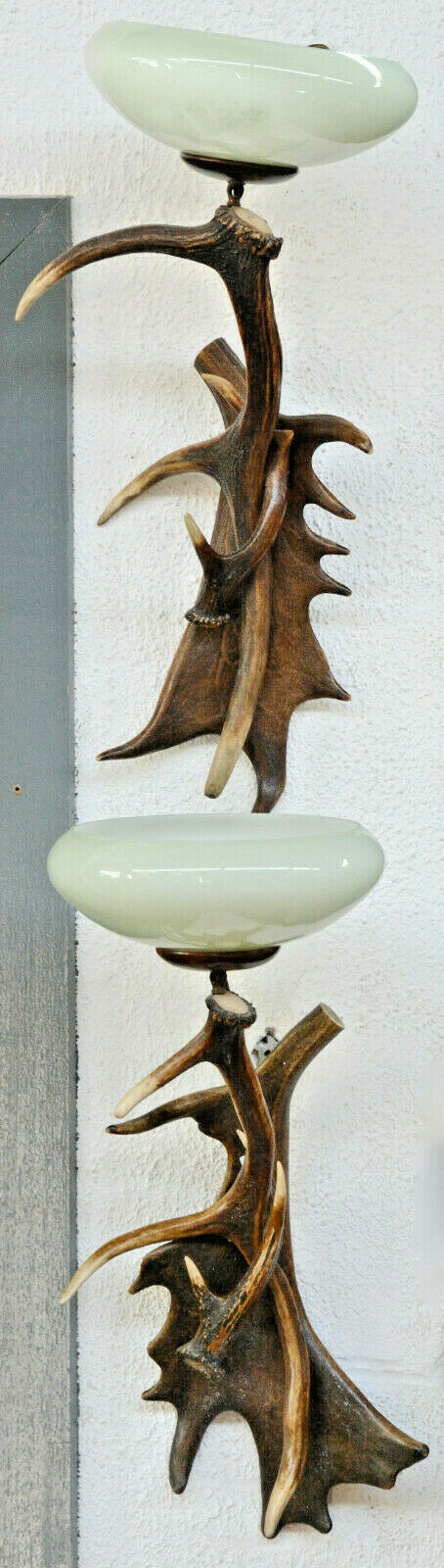 PAIR vintage 1970 hunt cabin Deer antler Sconces wall lights opaline shades