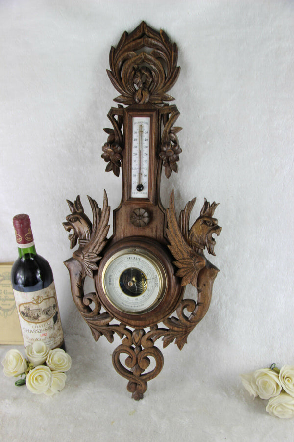 Antique wood carved black forest cut Dragon gothic barometer Figurines