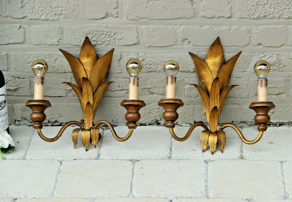 Hollywood regency PAIR Metal gold gilt wood wall lights sconces attr. jansen
