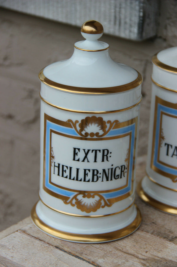 Antique VIEUX BRUSSELS porcelain Set 7 pharmacy pots Latin texts