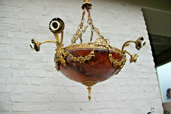 Top Antique French  Alabaster coupe bowl caryatid heads Chandelier amber