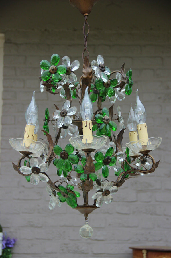 Vintage French Green clear glass daisy flower maison bagues styl Chandelier lamp