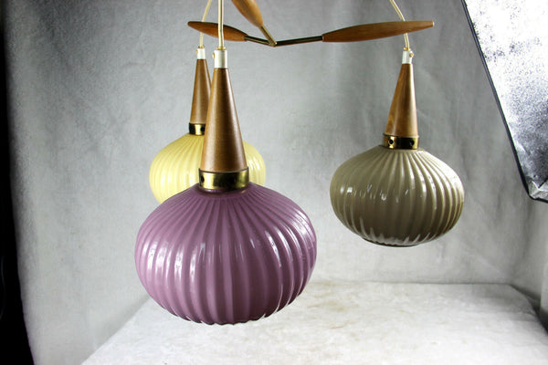 Mid century Rare multi colour Teak wood globes chandelier pendant louis kalff