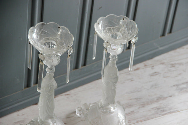 PAIR Rare frosted Glass Sacred Heart Candlestic Madonna Val Saint Lambert 1913