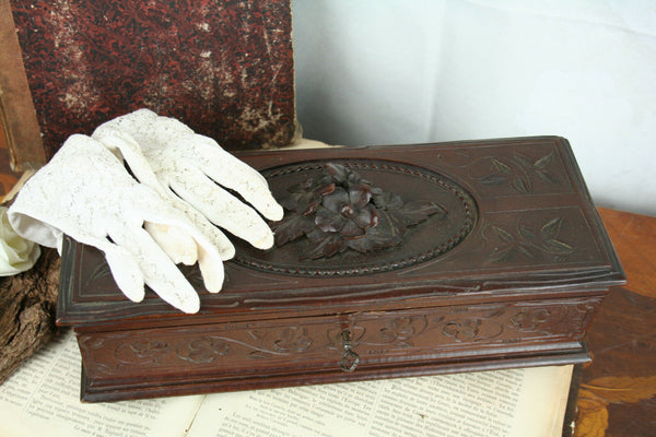 French Wood carved Box black forest With pair old gloves opera 1900